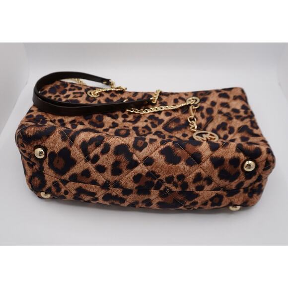 Michael Kors Brown Leopard Print Satin Leather Tote Quilted Academia Chic 36-12 - Picture 11 of 16